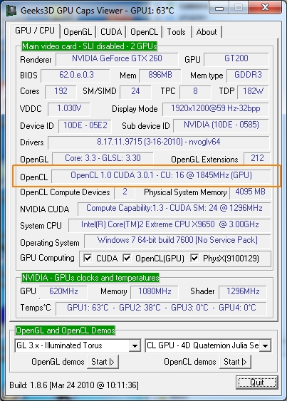 GPU Caps Viewer - GTX 260 - OpenCL support