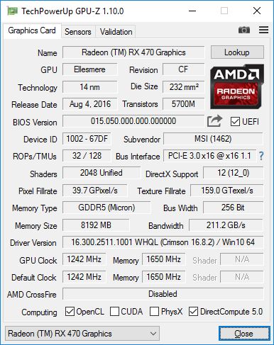 MSI Radeon RX 470 Gaming X 8GB GDDR5