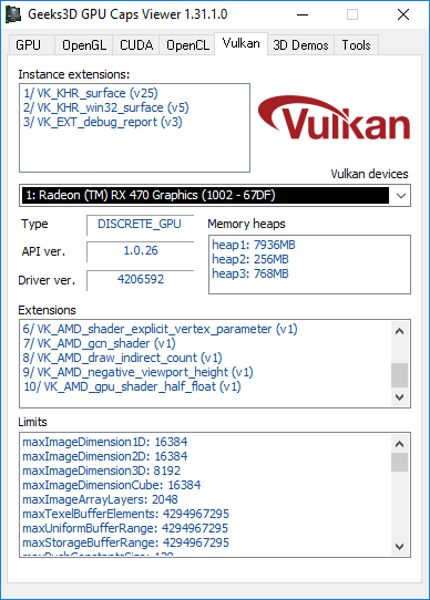 AMD Crimson, GPU Caps Viewer, Vulkan API information