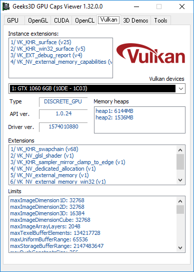 GPU Caps Viewer 1.32 + GeForce GTX 1060 6GB + Vulkan panel