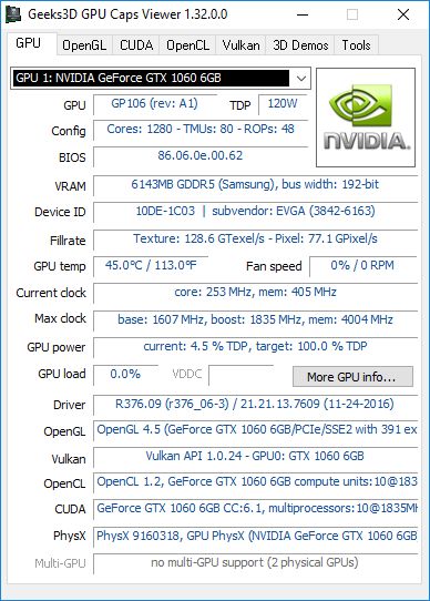 GPU Caps Viewer + GTX 1060 + R376.09