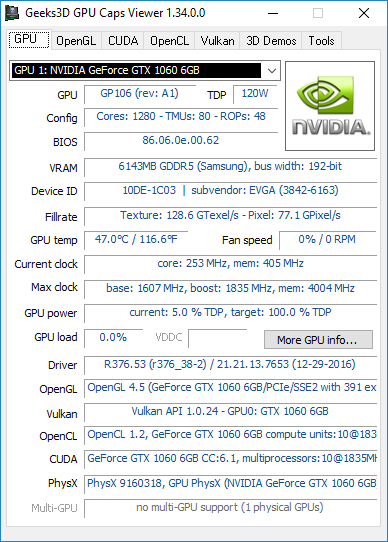 GPU Caps Viewer 1.33 + GeForce GTX 1060