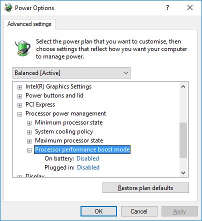 Windows 10 - Configuraes avanadas de gerenciamento de energia - Modo de aumento de desempenho do processador