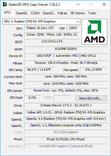 GPU Caps Viewer + AMD Crimson 17.9.2 + Radeon RX 470