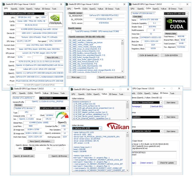 GPU Caps Viewer panels