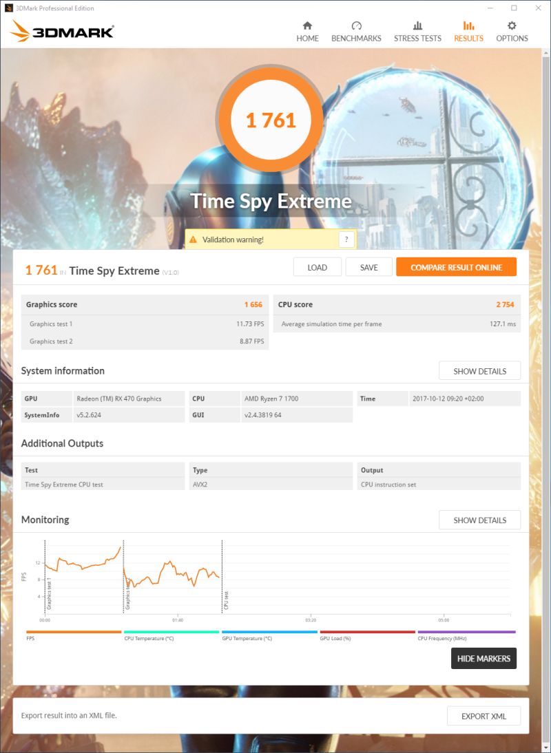 3DMark Time Spy Extreme 4K - Ryzen 7 1700 + Radeon RX 470