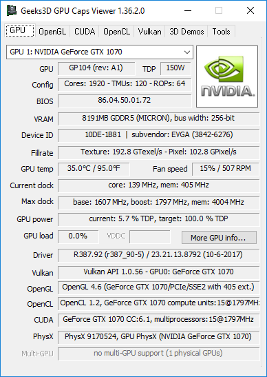 GPU Caps Viewer + R387.92 + GeForce GTX 1070