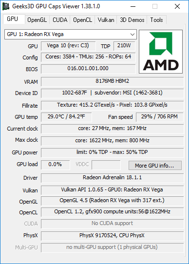 AMD Radeon RX Vega 56 + GPU Caps Viewer