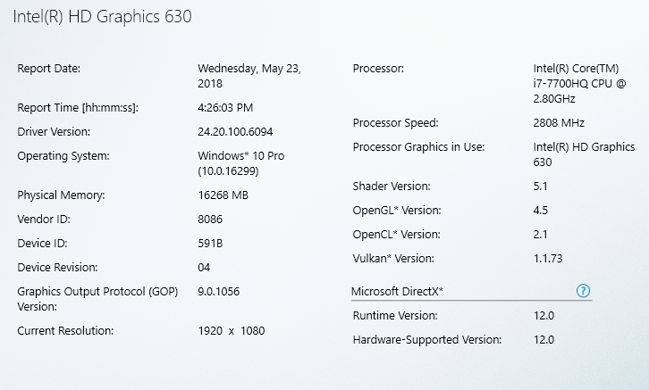 Intel HD Graphics driver - software information