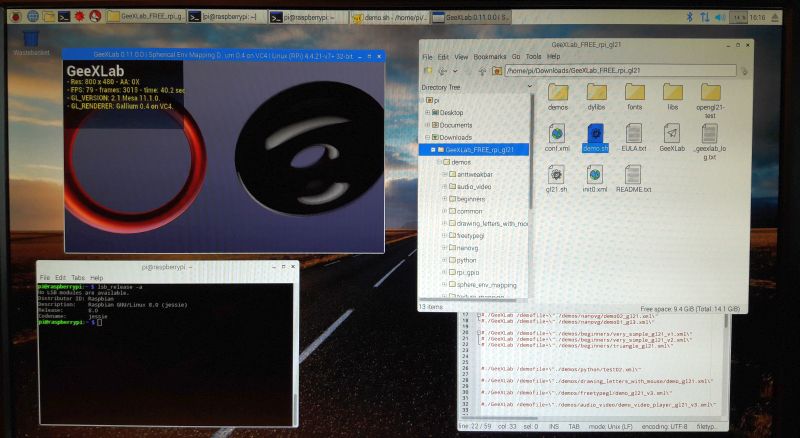 Raspbian PIXEL desktop environment - GeeXLab OpenGL 2.1