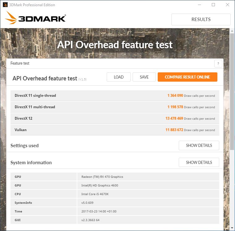 3DMark - Vulkan API Overhead test with a Radeon RX 470