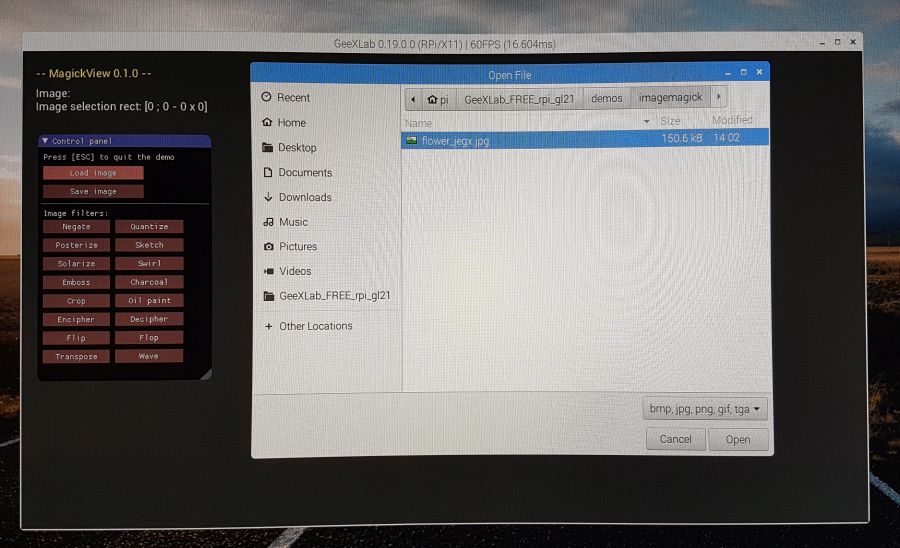 GeeXLab native file dialog demo on Raspberry Pi