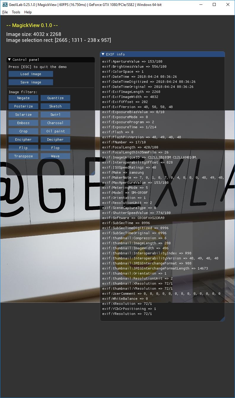 GeeXLab - ImageMagick demo showing EXIF information