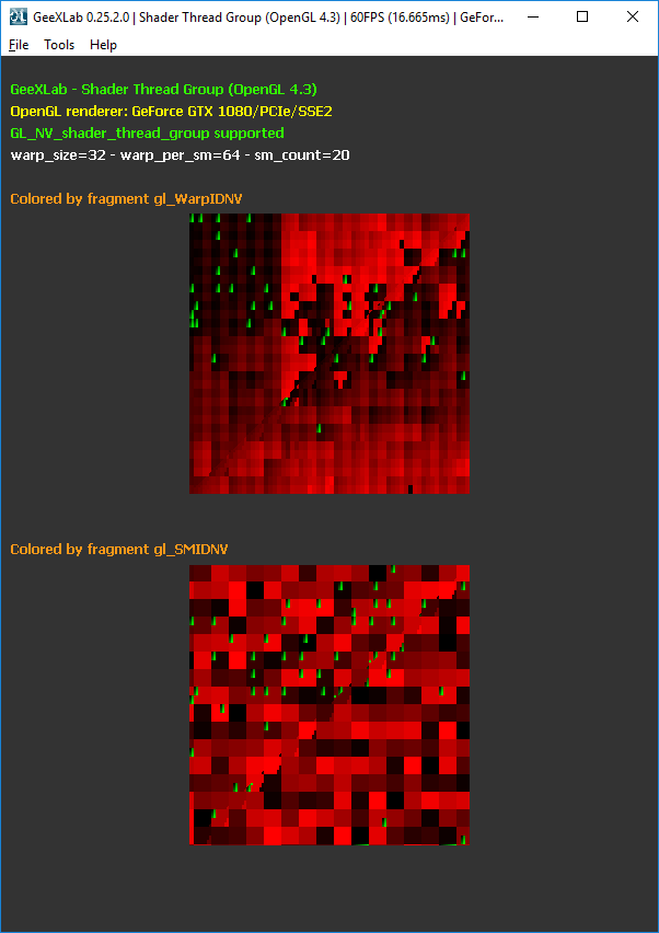 GeeXLab - Visualizing NVIDIA gl_ThreadInWarpNV, gl_WarpIDNV and gl_SMIDNV (GL_NV_shader_thread_group)