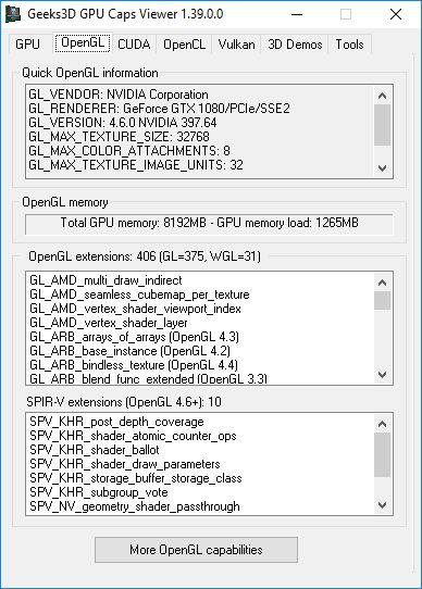 GPU Caps Viewer 1.39.0 - OpenGL panel