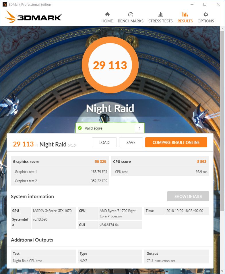 3DMark Night Raid DX12 gaming benchmark - GeForce GTX 1070 + Ryzen 7 1700