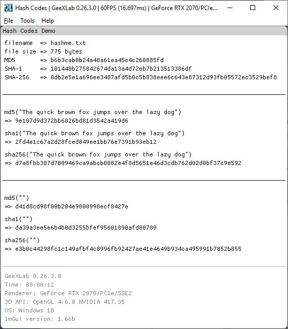 GeeXLab - MD5, SHA-1, SHA-256 demo
