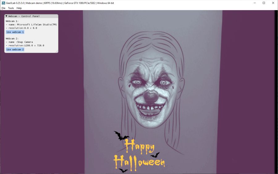 GeeXLab with Snap Camera - halloween clown lense