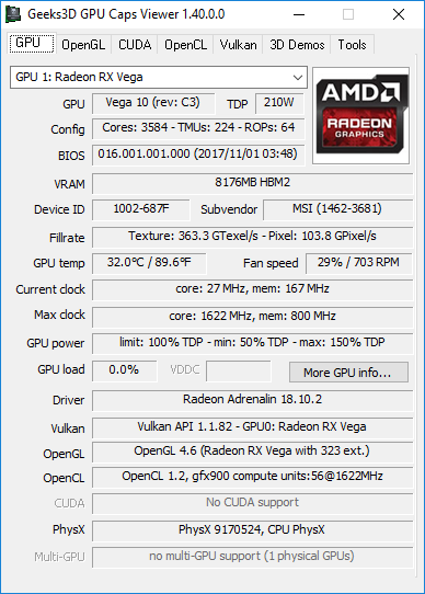 GPU Caps Viewer 1.40.0 - Radeon RX Vega 56