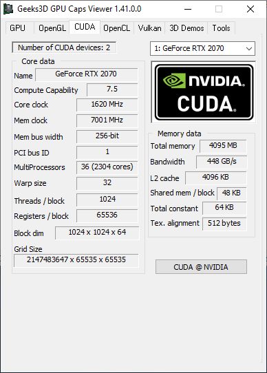 GPU Caps Viewer 1.41.0 - CUDA panel + GeForce RTX 2070