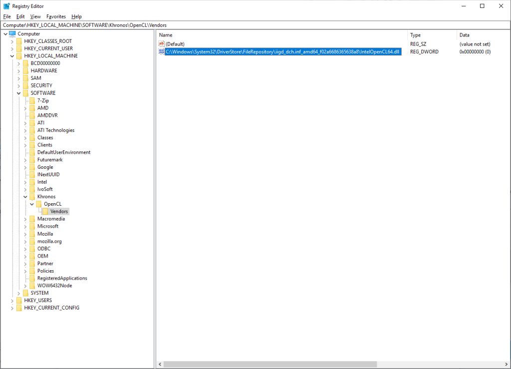 OpenCL support enabled for Intel, Windows registry key