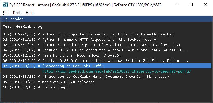 GeeXLab demo - RSS feed reader with Python 3 and Atoma