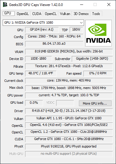 GPU Caps Viewer 1.42.0 - GPU panel + GeForce GTX 1080