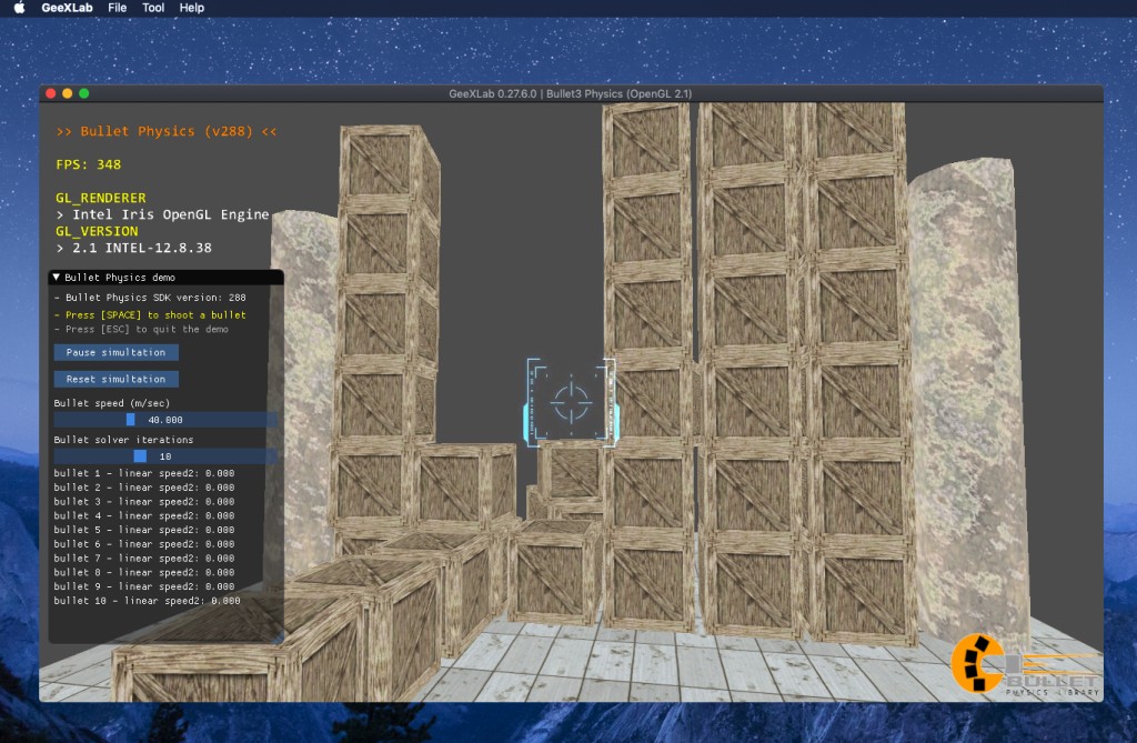 GeeXLab 0.27.6 on macOS 10.14 Mojave - Bullet3 demo