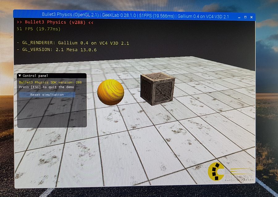 GeeXLab 0.28.1 on Raspberry Pi - Bullet3 demo