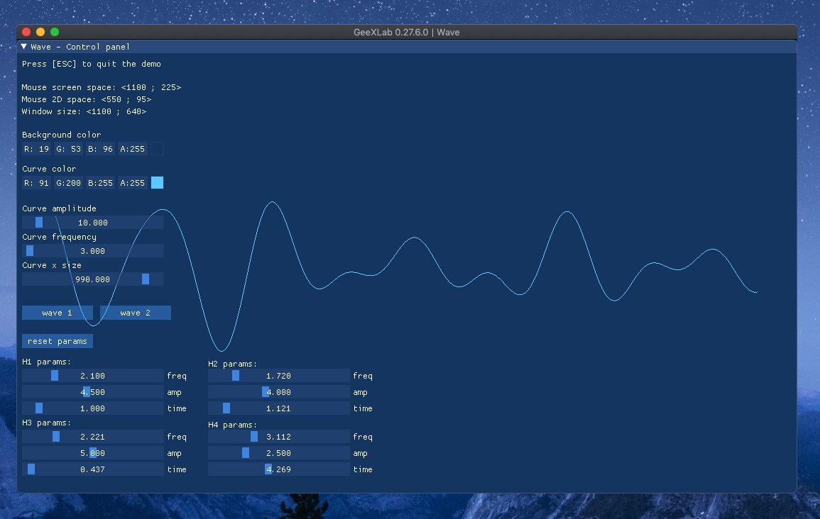 GeeXLab - 2D wave demo on macOS