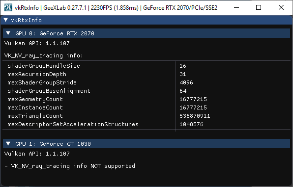 Vulkan RTX info with GeeXLab