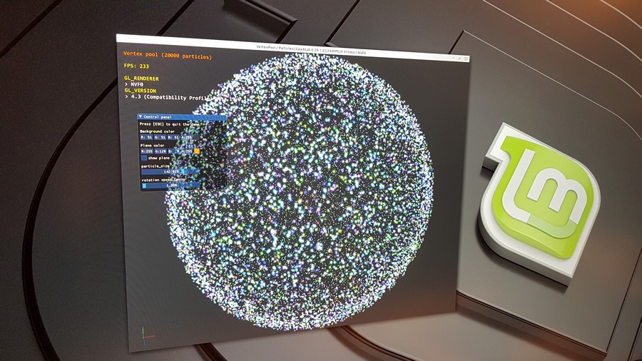 GeeXLab 0.29.1 on Linux x64 - vertexpool / particles demo