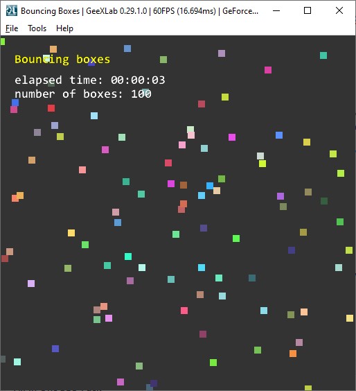 GeeXLab OpenGL 2.1 demopack - bouncing boxes