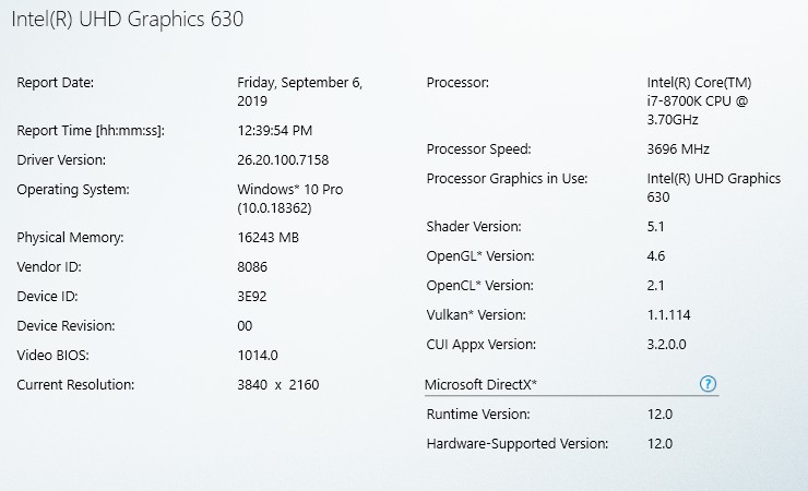 Intel UHD Graphics driver - software information