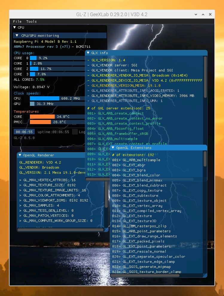 GL-Z on Raspberry Pi 4 - CPU and GPU monitoring + OpenGL info