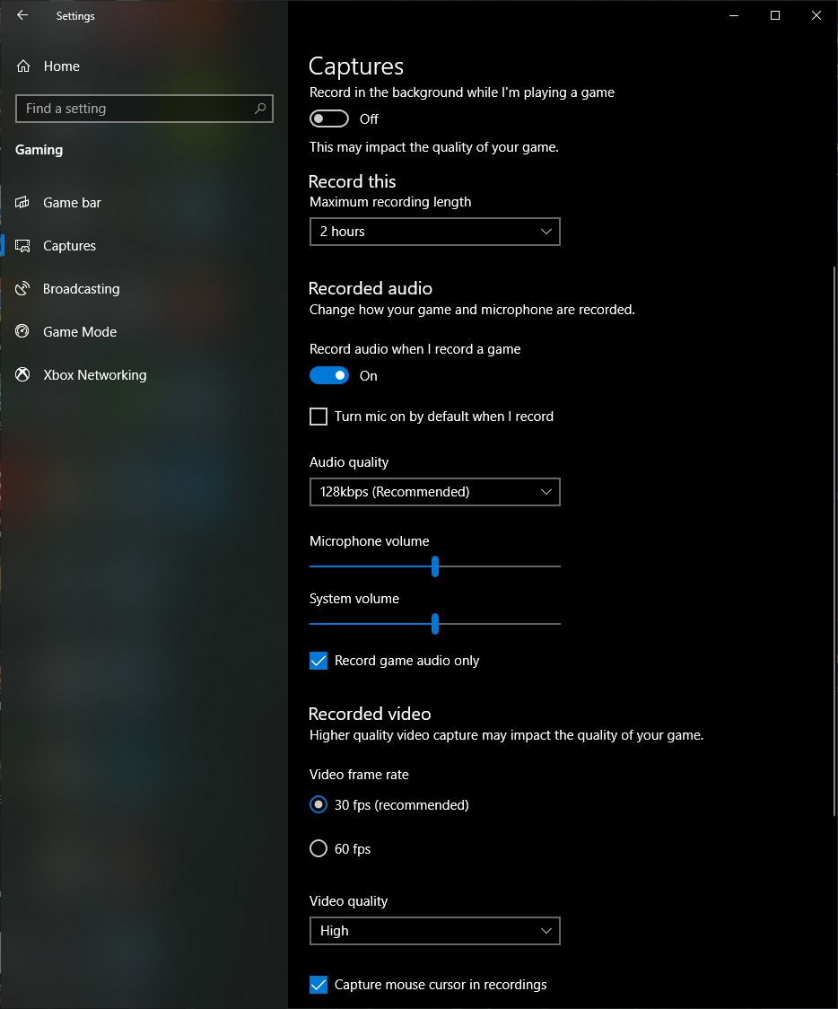 Windows 10 Gaming Captures settings