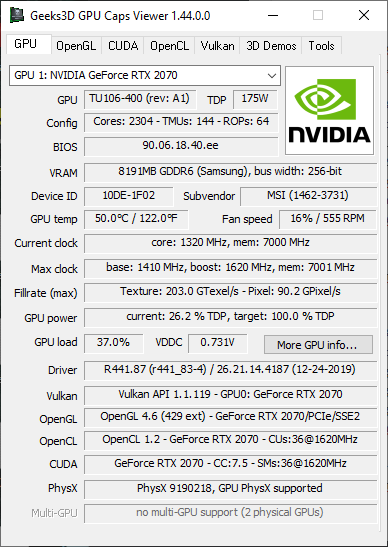 GPU Caps Viewer 1.44.0 - GPU panel + GeForce RTX 2070