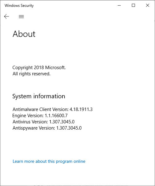 Windows Defender version