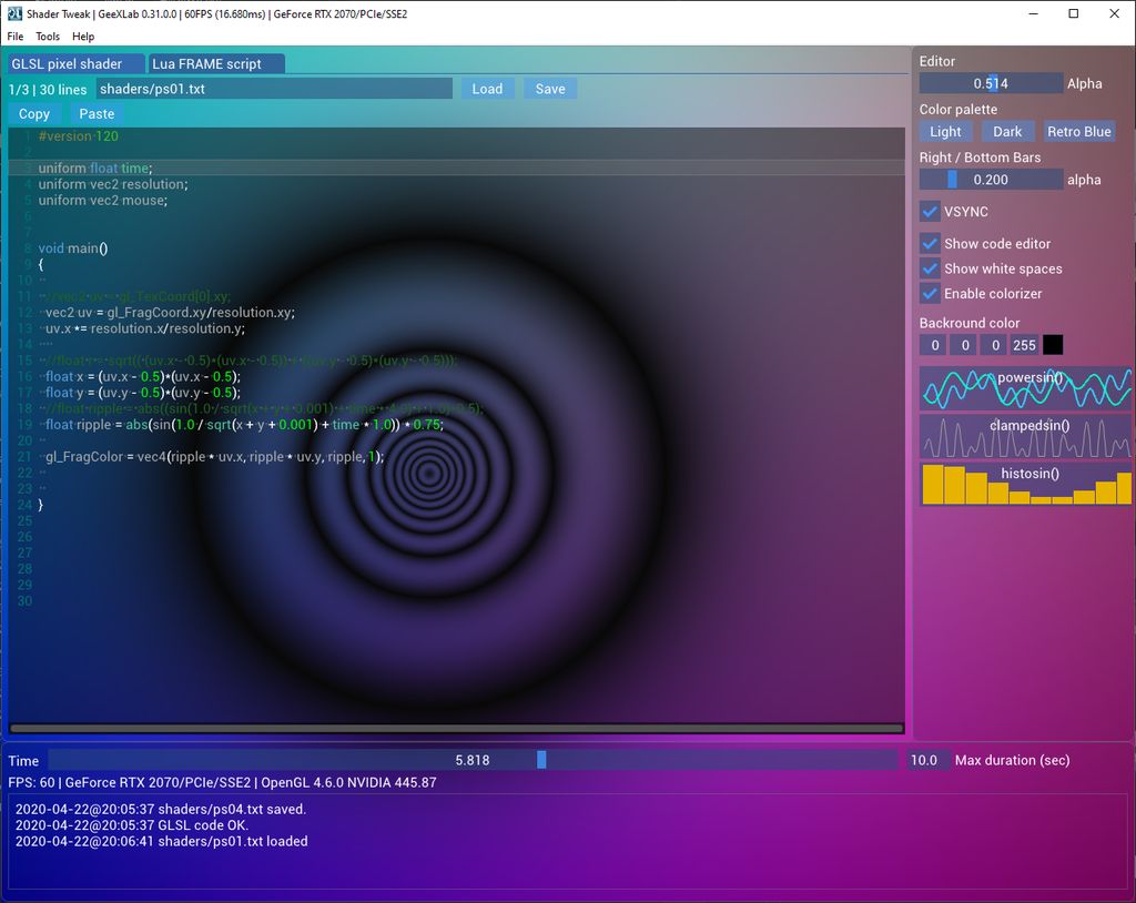 GeeXLab demo - Shader Tweak - Color Text Editor Widget for Dear ImGui