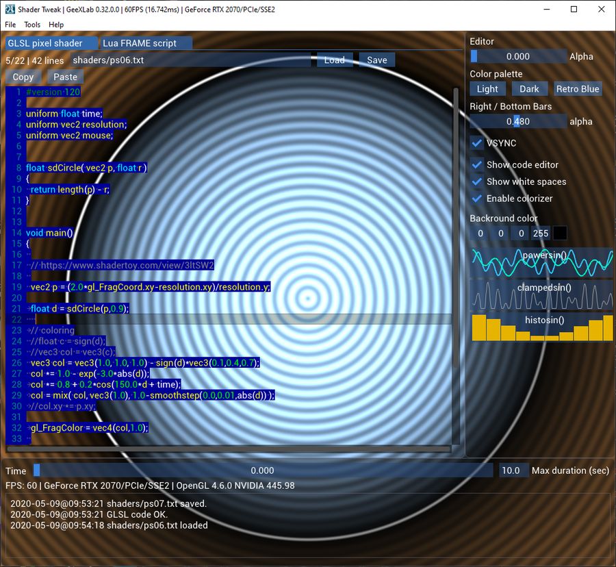 GeeXLab - Shader Tweak - Bonzomatic charBackground Style in ImGuiColorTextEdit