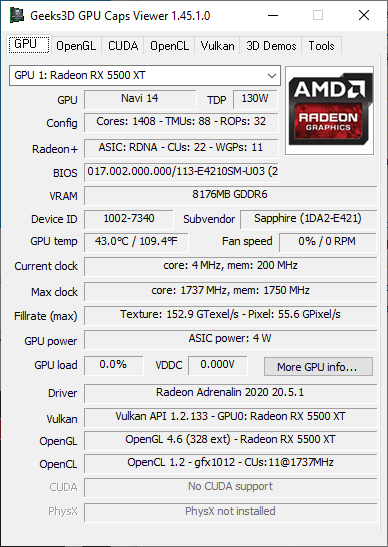 GPU Caps Viewer + Radeon RX 5500 XT