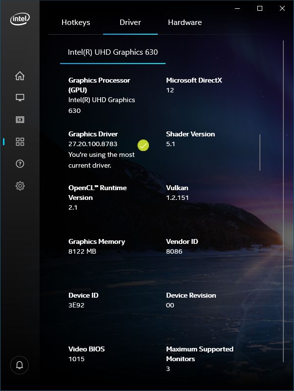 Intel UHD Graphics driver - software information