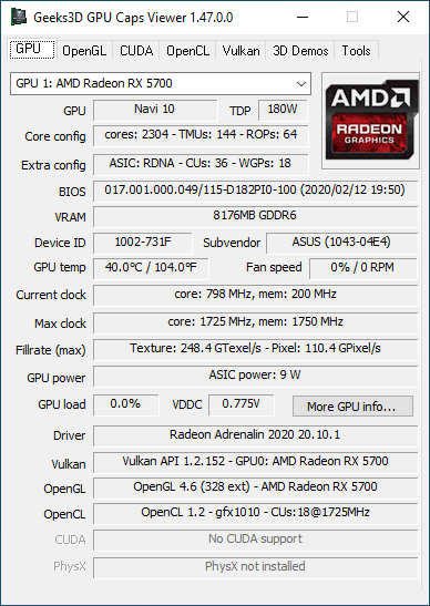GPU Caps Viewer 1.47.0 - Radeon RX 5700