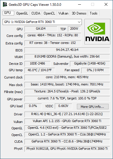 NVIDIA GeForce 461.40 + GPU Caps Viewer + GeForce RTX 3060 Ti