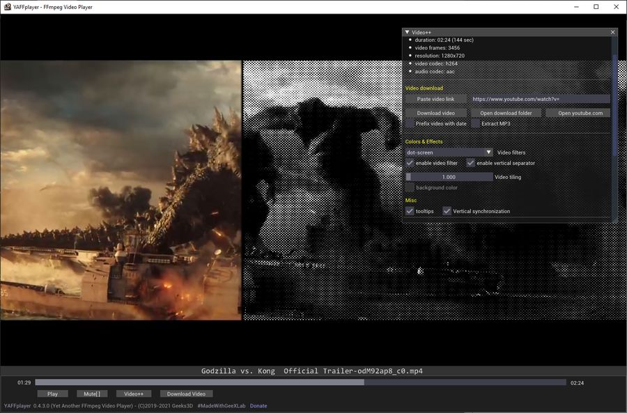 YAFFplayer video player based on FFmpeg and GeeXLab