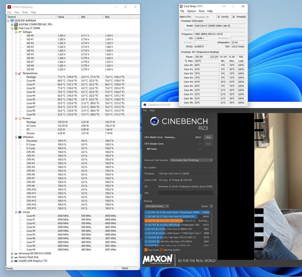 Intel Core i5-12600K - stress test with Cinebench R23