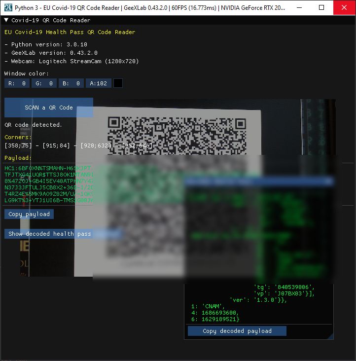 EU Covid-19 Vaccine Certificate QR Code Reader with GeeXLab in Python 3