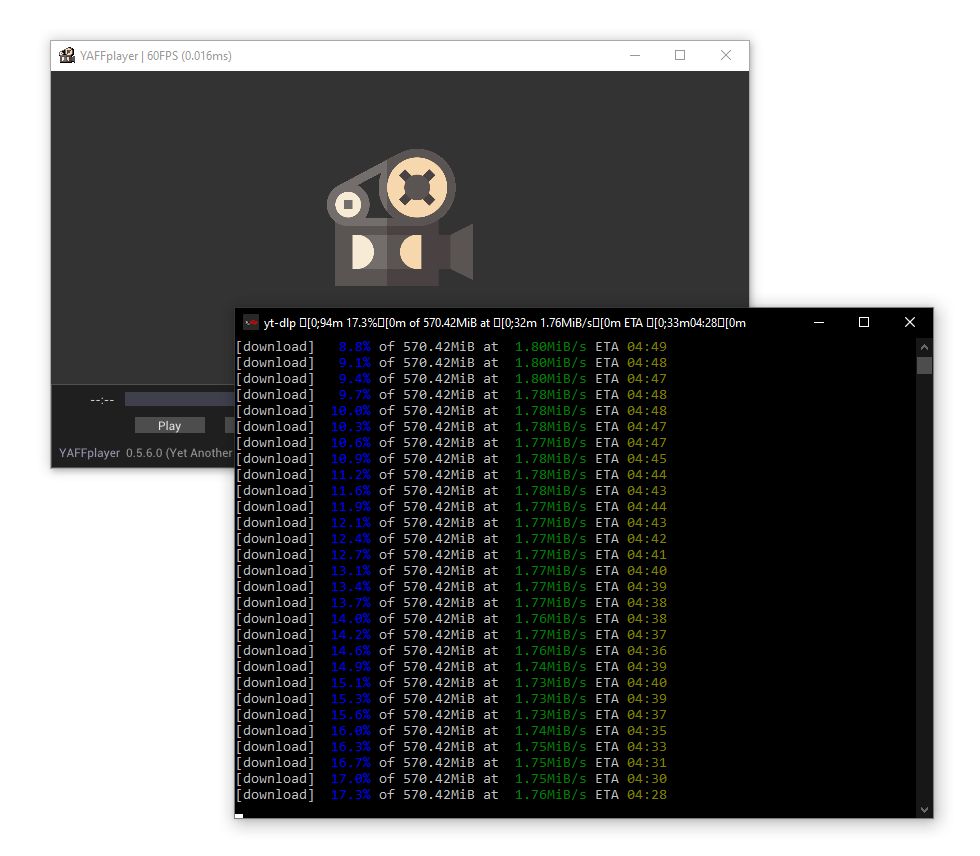 YAFFplayer video player - yt-dlp downloading a video from youtube