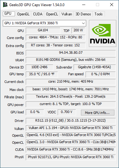 NVIDIA GeForce 512.15 + GPU Caps Viewer + GeForce RTX 3060 Ti