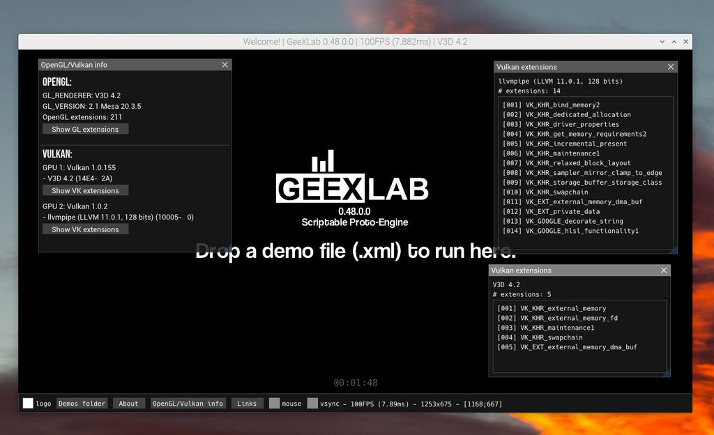 GeeXLab showing Vulkan support on Raspberry Pi OS